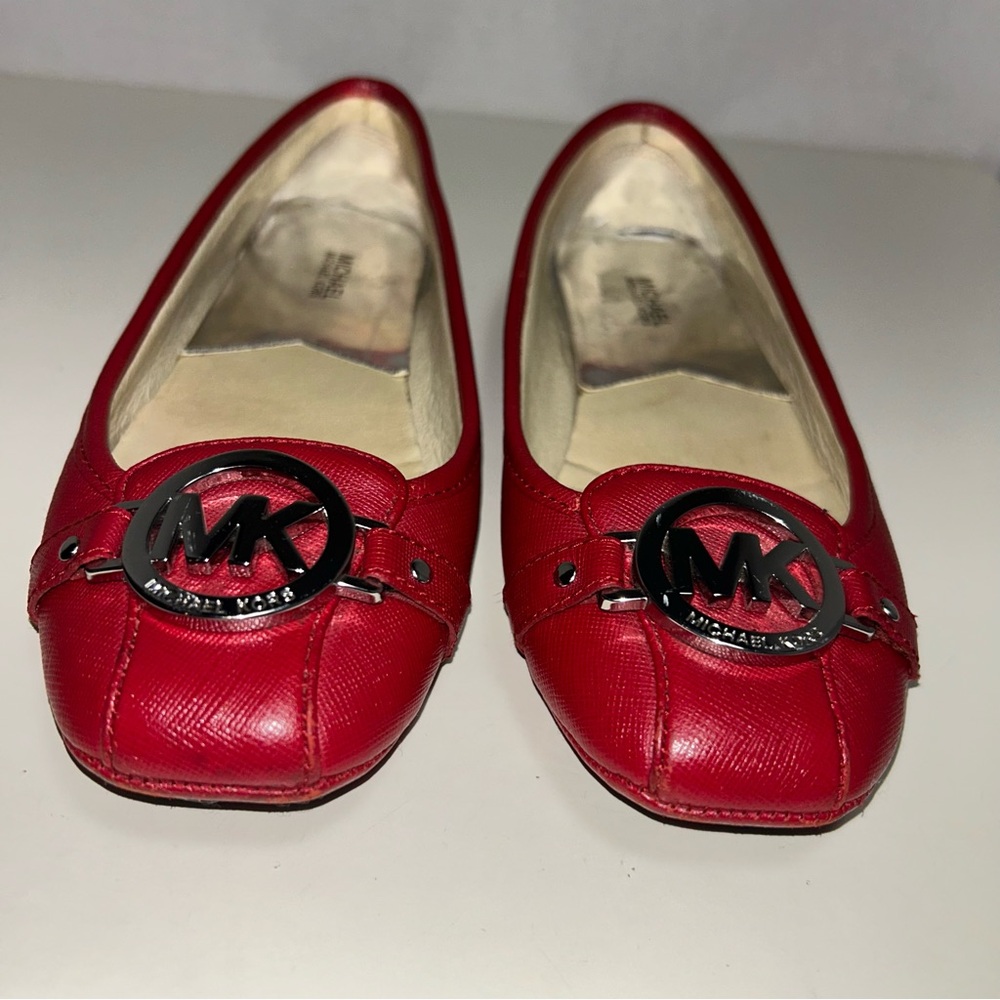 Michael Kors Fulton MK Gold Logo Red Saffiano Leather Slip On Ballet Flat - Picture 3 of 13